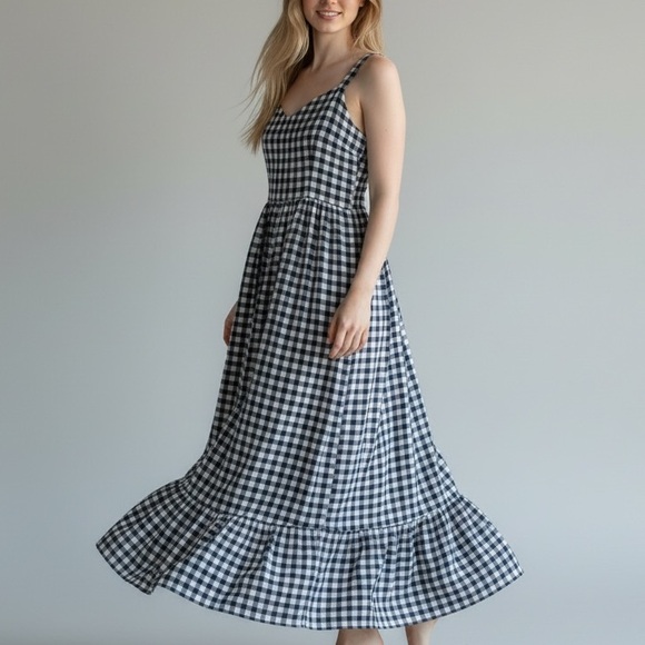 C&C California Navy Blue and White Checkered Midi Dress - Picture 2 of 7